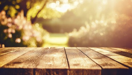 Spring beautiful background, wooden table, nature, warm sunlight, outdoor garden, greenary, flowering branches.