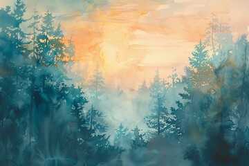 Fototapeta na wymiar A watercolor painting of a sunrise over the forest, with delicate pastel