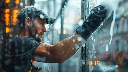 Man-serving expert cleaning service from specialized equipment, a worker wearing overalls cleans the store's exterior glass and space, Generative AI.