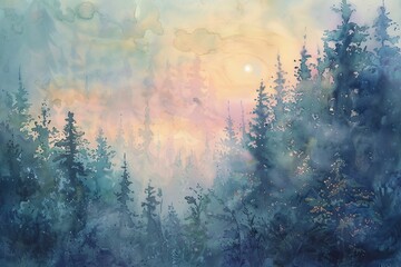 A watercolor painting of a sunrise over the forest, with delicate pastel - obrazy, fototapety, plakaty