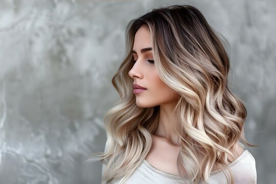 Seamless Balayage Ombre Hair Dye on a Woman: Dark Roots to Light Ends. Concept Balayage technique, Ombre hair dye, Dark roots, Light ends, Seamless transition