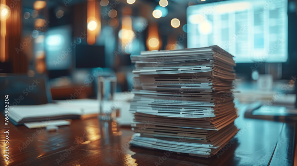 Poster a stack of papers and files sits on a polished wooden conference table in a modern office environmen