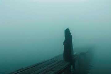 Picture a banshee in a gauzy suit standing at the edge of a fogcovered dock, her call lost over the waves - obrazy, fototapety, plakaty