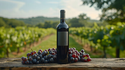 Elegant bottle of red wine with ripe grapes on a rustic wooden table against a vineyard background - obrazy, fototapety, plakaty