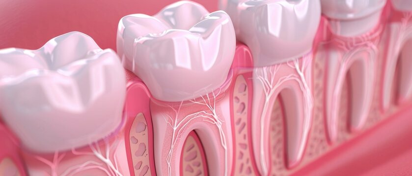 3D depiction of a tooth undergoing a desensitizing procedure, focusing on the enamel and dentin