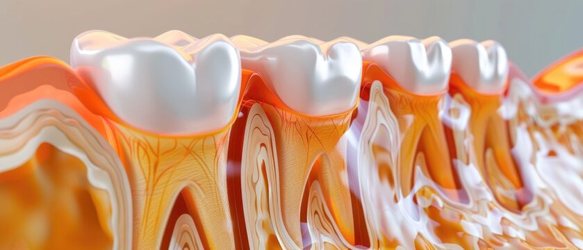 3D depiction of a tooth undergoing a desensitizing procedure, focusing on the enamel and dentin