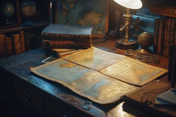 A travel agencys relic, an old map on a desk, covered in dust, illuminated by a flickering lamp