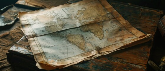 A travel agencys treasure, a dusty old map full of mysteries, waiting to be rediscovered - obrazy, fototapety, plakaty