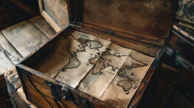 A travel agencys hidden gem a dusty old map tucked away in an old wooden chest