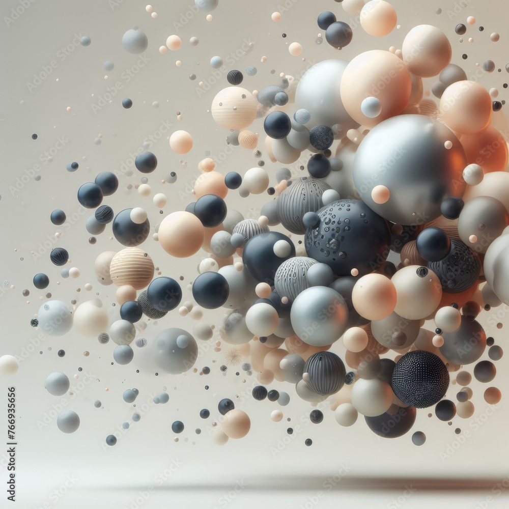 Poster a dynamic assembly of monochrome spheres of varying sizes and textures against a gentle background. 