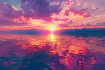 Papier Peint photo Tailler Majestic Sunset over a Tranquil Lake - A breathtaking view of vibrant hues reflecting on calm waters.  