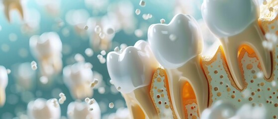 Detailed 3D tooth model showing the infusion of minerals to strengthen against sensitivity - obrazy, fototapety, plakaty
