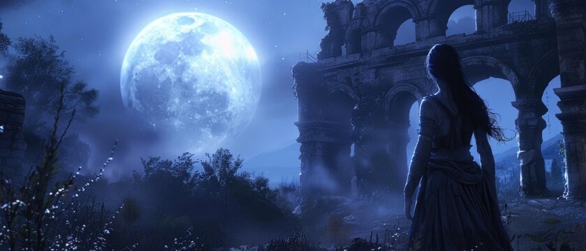 Capture a banshee in a sheer suit, standing by an ancient ruin under a full moon, her wail silent but visible