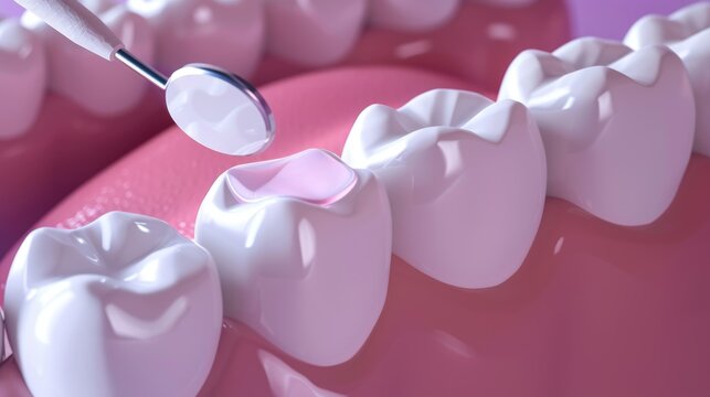 Closeup 3D render of a tooths crosssection getting a fluoride varnish for sensitivity relief