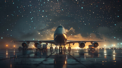 Commercial airplane on the runway at night with atmospheric lighting and a starry sky background, reflecting on the wet ground, conveying a sense of travel and technology advancement.