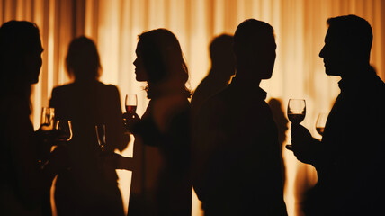 Silhouetted figures at a social event with ambient golden lighting sipping wine and engaging in conversation.