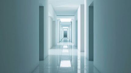 A minimalistic, blue-hued corridor with a symmetrical layout offers a path leading to a luminous end.