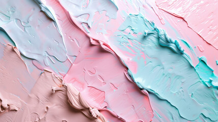 Whimsical strokes of pastel pink and blue paints create a textured abstract artwork with a serene...