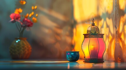 A celebration of simplicity and tradition as "Ramadan Mubarak" graces a minimalist backdrop with a vibrant lantern.