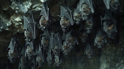 A group of bats hanging upside down from a cave ceiling, resting in their natural habitat. - obrazy, fototapety, plakaty