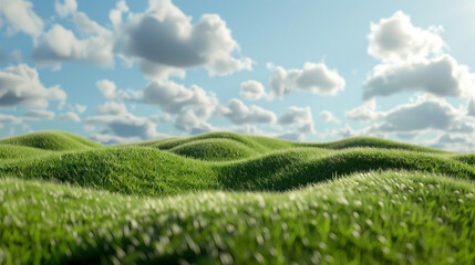 Grassy hills, white clouds in the blue sky background, surreal landscape.
