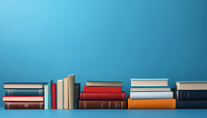 A shelf full of books with a blue wall behind them