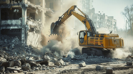 Excavator in action amidst a dusty demolition site, tearing down buildings.