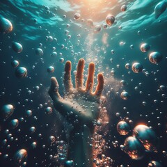 Fototapeta premium A sunlit hand emerges amidst a trail of bubbles underwater, capturing a connection between human and oceanic worlds. The image exudes a calm, explorative atmosphere. AI generation