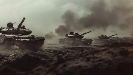 Armored tanks storm through a smoky battlefield in a dramatic display of military might.