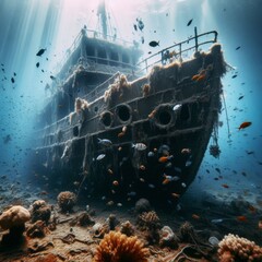 Shipwreck on tropical ocean floor, with fish
 - obrazy, fototapety, plakaty