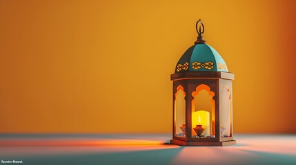 A celebration of simplicity and festivity, featuring "Ramadan Mubarak" text and a colorful traditional lantern on a clean, minimalist backdrop.