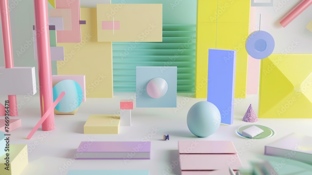 Poster this 3d animation portrays a playful arrangement of pastel-colored geometrical shapes floating in a 