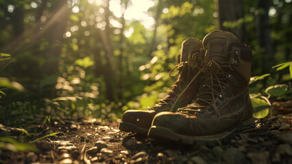 A pair of well-worn hiking boots basking in a sunlit forest, hinting at adventure.