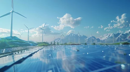 Foto op Canvas Renewable energy landscape with wind turbines and solar panels against a backdrop of mountains and a clear blue sky with fluffy clouds. © ChubbyCat