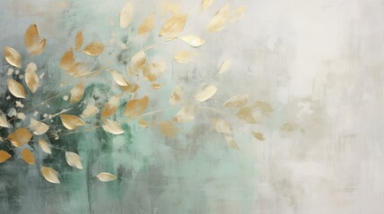 An abstract artistic background, retro, nostalgic, with golden brushstrokes. The background is textured. It is oil on canvas. Modern Art. Floral leaves, green, gray, wallpaper, poster, card, mural