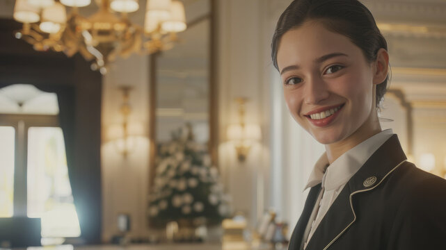 Hotel receptionist with a welcoming smile in a luxurious lobby setting.