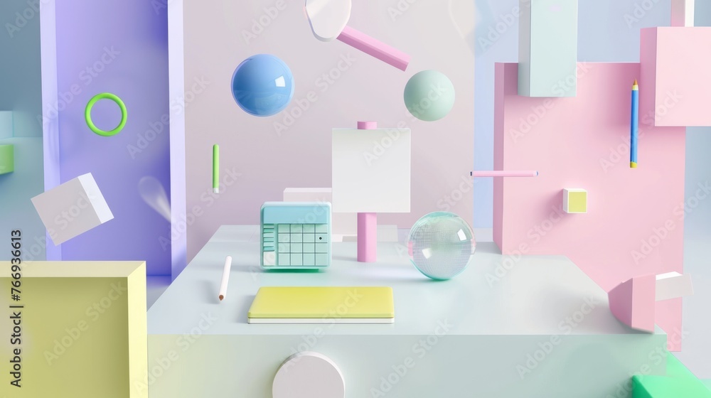 Poster this 3d animation portrays a playful arrangement of pastel-colored geometrical shapes floating in a 