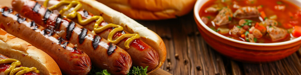 a banner of hot dogs on a plate. - obrazy, fototapety, plakaty