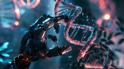 Fototapeta na wymiar a robotic hand, holding a glowing, digital representation of a DNA helix