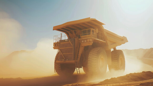 A monstrous dump truck dominates a sandy landscape under a hazy sky.