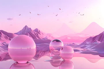 Stoff pro Meter 3D glow modern pink sphere with water landscape wallpaper © Ivanda