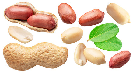 Set of peanut whole and cracked with leaves isolated on white background.