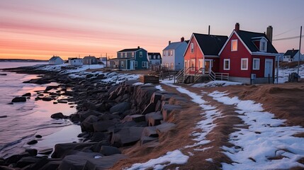 A coastal fishing village at sunrise. Natural Landscape