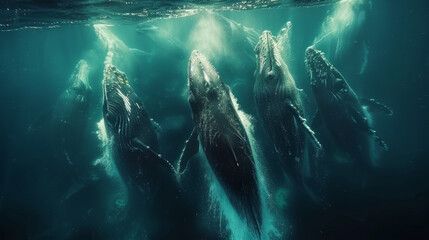 Fototapeta premium Underwater view of a group of humpback whales swimming majestically in the ocean, with sunbeams filtering through the water.