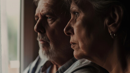 Elderly couple share a contemplative moment, their faces etched with stories untold.