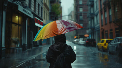 A person cloaked in mystery holds a vibrant umbrella amidst a rainy cityscape.
