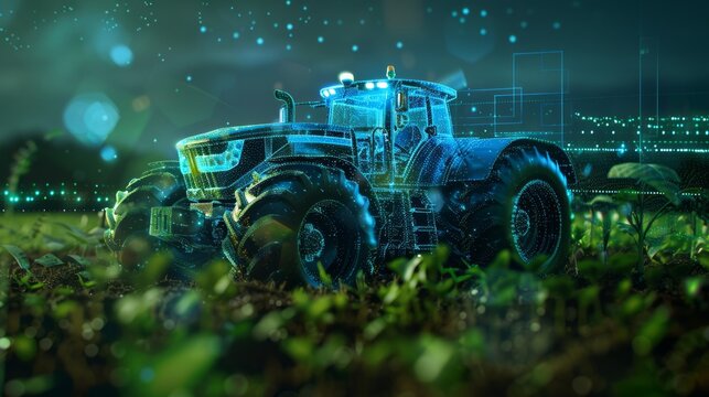 Fototapeta A stunning 3D visualization of Al-driven agriculture, featuring a tractor with holographic interfaces and neon lighting, illustrating cutting-edge farming technology