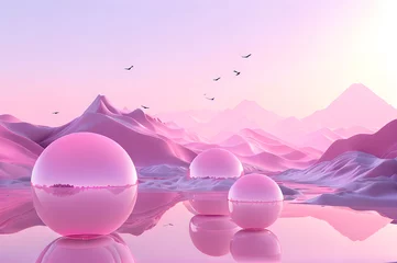 Tuinposter 3D glow modern pink sphere with water landscape wallpaper © Ivanda