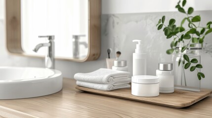 Fototapeta premium A set of facial cream, towels and a presentation space on a wooden desk in a modern white bathroom