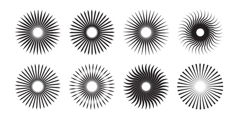 Sunburst design elements collection. circular beams vector. Sun rise light round decoration elements. Abstract line circle vector background. Radial sun burst. Vector illustration.